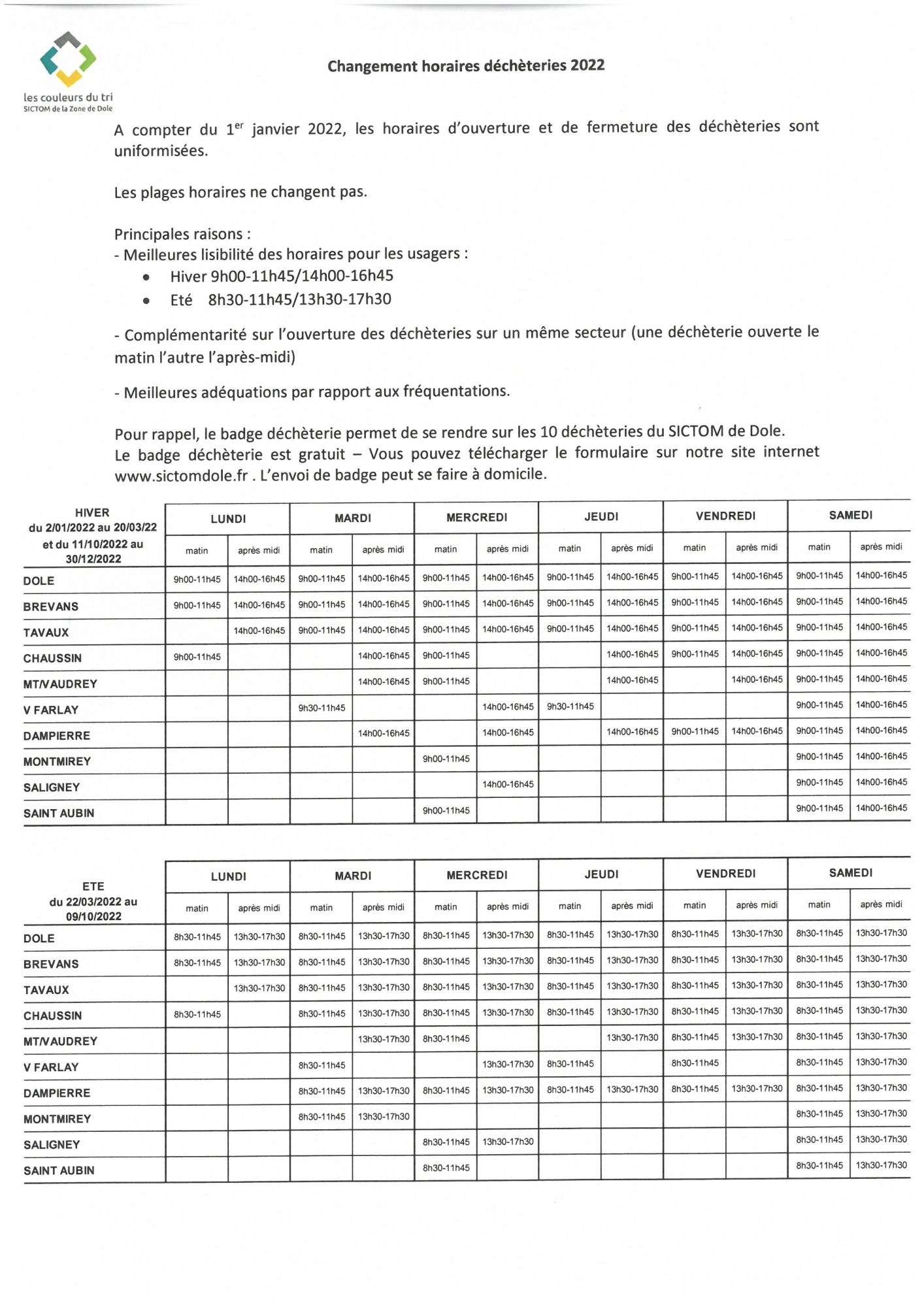 horaires décheteries 2022