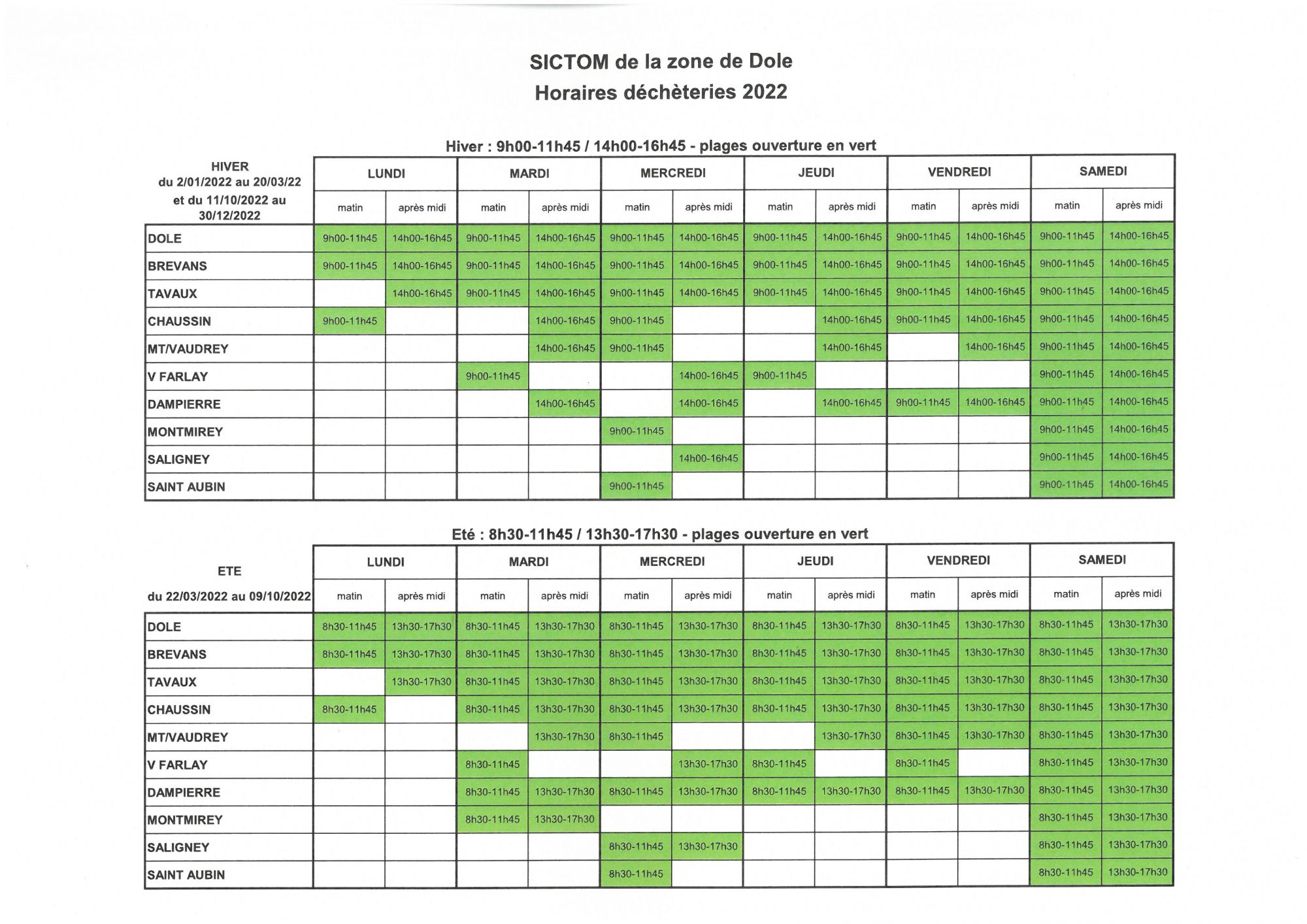 horaires déchèteries 2022