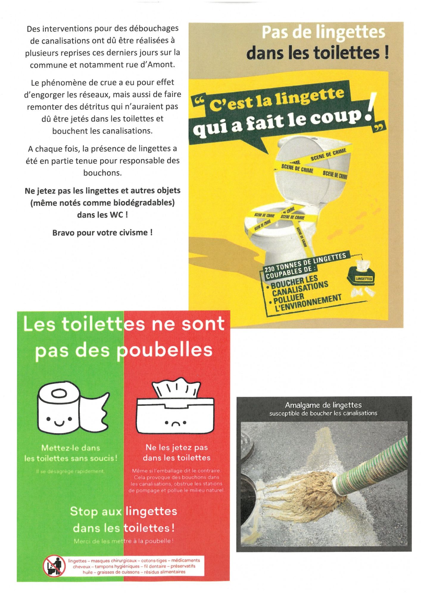 pas de lingettes dans les toilettes