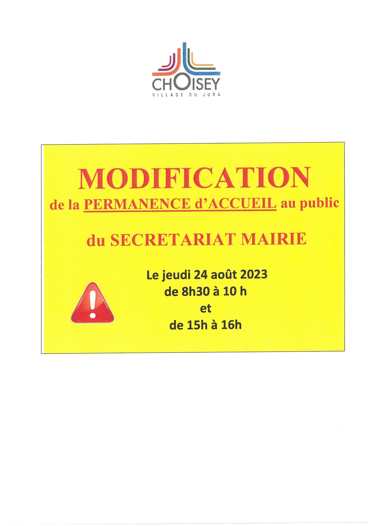 Modification horaires d'ouverture au public de la mairie