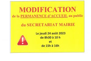 Modification des horaires de l'accueil au public en mairie - Le 24-08-2023